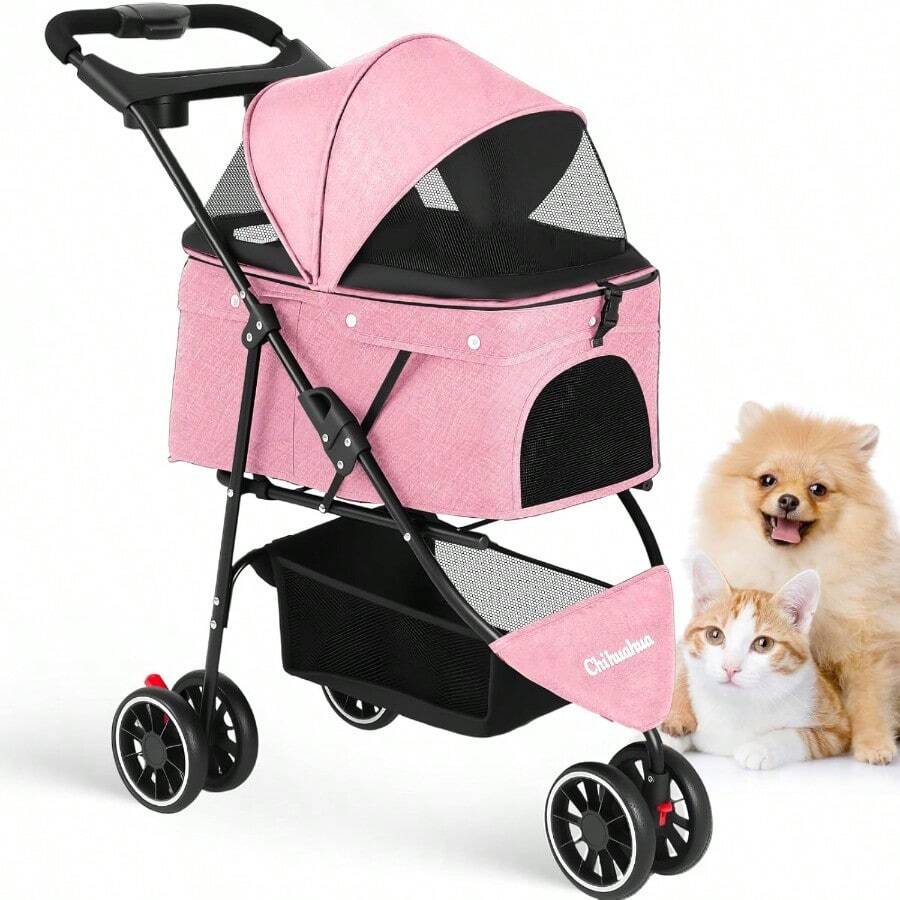 Pet StrollerDog Stroller For Small Medium Dogs Cats 3 Wheels Foldable With Breathable Mesh Canopy Cup Holders Easy Assembly Pink