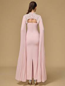 女士纯色抹胸紧身连衣裙，立领缀饰，串珠水钻装饰，褶皱长袖斗篷，适合多种场合 - 淺粉色 - 查看 3