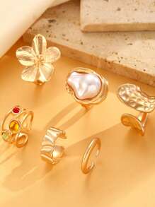 6 pièces/Set Bague en métal rétro décorée de fleurs et de pierres gemmes, bagues de style baroque élégantes avec faux perles, bagues punk rock dorées pour les phalanges, convenant pour un port quotidien, les fêtes, les cadeaux, accessoires de mode multifonctionnels, cadeaux pour la Saint-Valentin, la fête des Mères