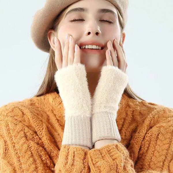 Guantes sin dedos calentadores para damas, mitones de muñeca media con agujero para el pulgar, para invierno, conducción, correr, clima frío, tejidos a punto