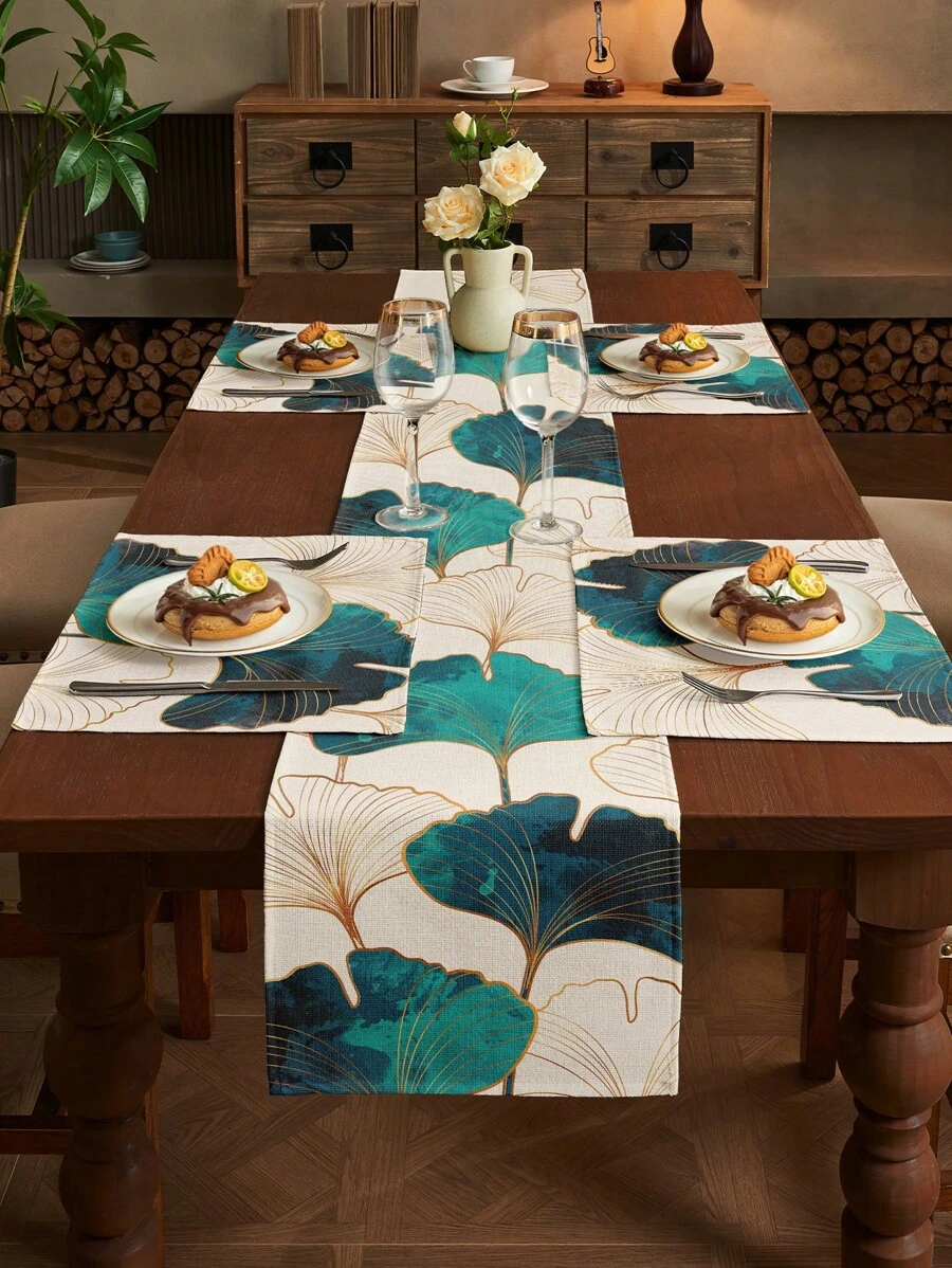 1/2/3/4/5 pezzi Set di runner da tavola e tovagliette in lino, runner da tavola bianco con bordo dorato a motivo ginkgo, adatto per casa, sala da pranzo e ristorante, decorazione da tavola, forniture per la casa, tovaglia rettangolare in tessuto 100% lino, per feste, cucina, camino, sala da pranzo, decorazione country, matrimonio, autunno, tovagliette per tavolo, tovaglia