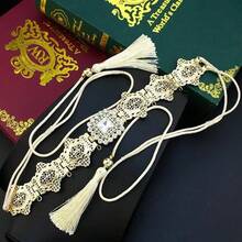 1pc Handmade Rope Waist Belt Chain, Gold Arabic Moroccan Robe Metal Waist Belt With Tassel Decor, Suitable For Summer, School Autumn, Autumn, Halloween - A - View 9