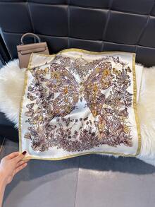 1pc Elegant Floral & Butterfly Print Silk-Like Bandana Scarf, Women's Spring/Summer Essential, Versatile Hair Accessory, Fashion Neck Scarf - Khaki White - View 2