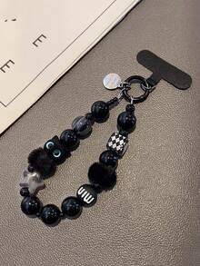 1 件黑色毛绒猫手机挂绳串珠腕带、钥匙扣、包包挂饰、带衬垫的手机挂链 - 彩色 - 查看 4