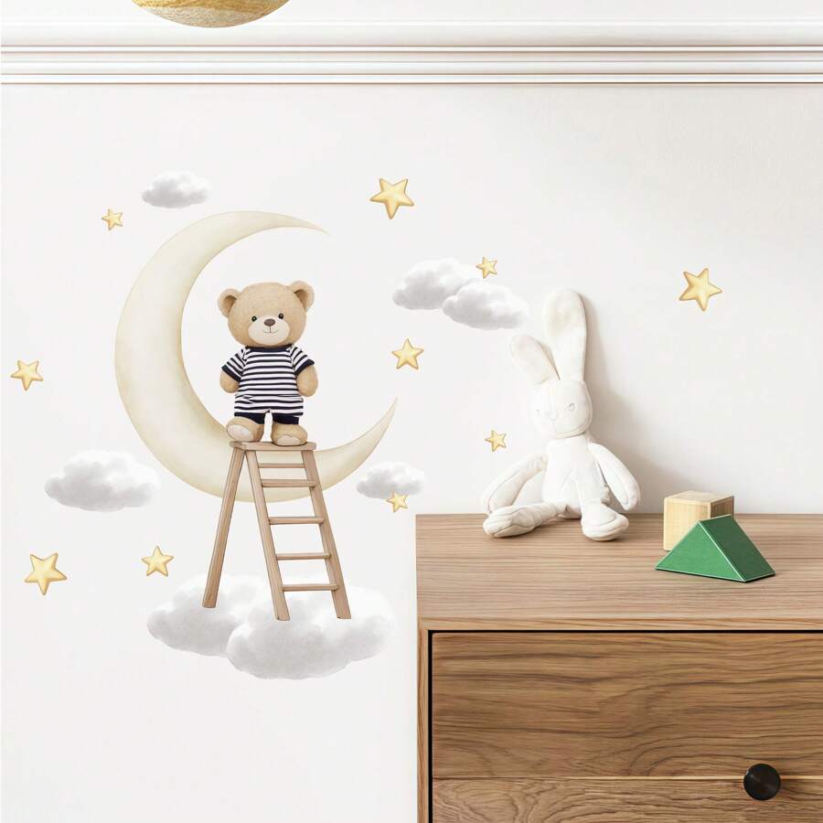 卡通熊、云朵、月亮、楼梯墙面装饰贴纸、自粘云朵、儿童房星星墙贴、家居装饰 - 彩色 - 查看 1