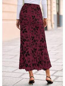 Womens Floral Mesh Maxi Skirt Elastic High Waisted Boho Elegant 2025 Summer Fall Long Skirts Women - 酒紅色 - 查看 3