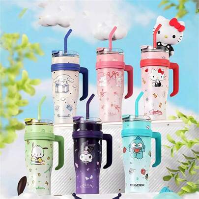 1200ml/40.58オンス サンリオ サーモスカップ ハンドル付き かわいいマイメロディ柄 大容量 ストロー付きコーヒーカップ ステンレス断熱カップ ウォーターボトル ギフト