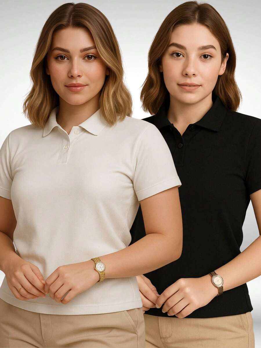 Polo Neck Blouse With Short Sleeves And Functional Buttons For Women - Black and White - View 1