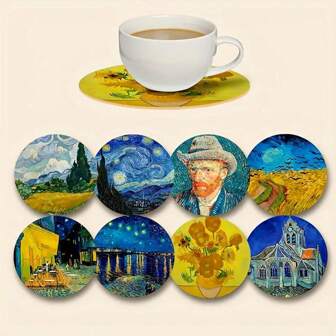 8 piezas Posavasos de madera | Set de 8 piezas de posavasos redondos de madera con arte de pintura al óleo | Adecuado para mesas de café, apartamentos, cocinas, decoración del hogar y restaurantes | Opción de regalo ideal para diversas ocasiones, 1 set de 8 piezas, 200 sets de 1600 piezas