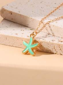 1pc Women Elegant Starfish Pendant Necklace - Gold Metallic With Shiny Blue Starfish Charm, Suitable For Party, Birthday And Spring Festival Gifts, Versatile Ocean-Themed Accessory, Exquisite Craftsmanship
