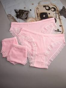 4条装女士粉色字母条纹内裤，蕾丝花边设计，透气面料，高弹力，舒适吸汗 - 粉色 - 查看 4