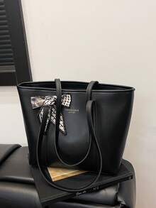 Túi tote PU thời trang màu trơn trang trí khăn quàng cổ, túi đeo vai tối giản cổ điển dung tích lớn, túi xách thường ngày nhiều ngăn phù hợp cho phụ nữ - màu đen - Xem 7