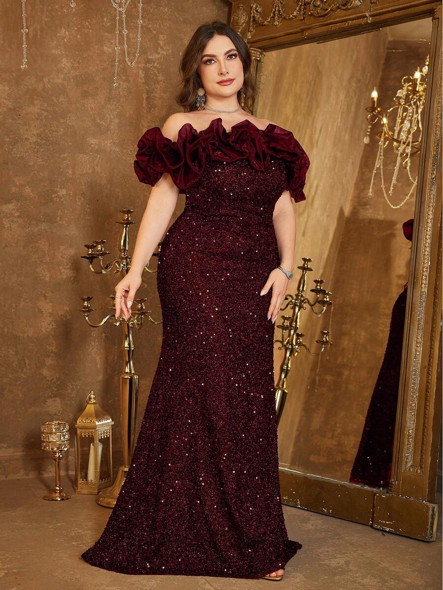 UNITHORSE Elegant Off-Shoulder Mesh Patchwork Sequin Backless Tie-Up Fitted Party Dress, Bridal Gown, Birthday Dress, Graduation Dress, Formal Dress, Autumn Women's Wear Wedding Spring - 酒紅色 - 查看 1