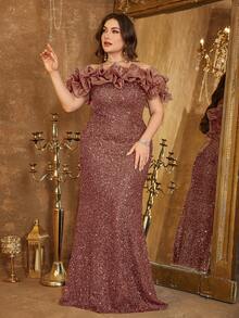 Elisanya UNITHORSE Rochie elegantă cu umeri goi, din plasă, model paiete, spate decolteu, talie legată, mulată, rochie de petrecere, rochie de mireasă, ținute de ziua de naștere pentru femei, rochie de absolvire, rochie formală, haine de toamnă pentru femei