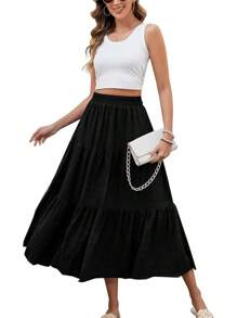 HUSKARY Women's Summer Casual Elegant Smock Layered Tiered Maxi Skirt High Waisted A Line Flowy Long Skirts With Pockets