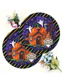 1PC Halloween Table Mats - Spooky Jack-O-Lantern, Ghosts, Bats, Spider Web Designs - Black & Orange Party Decorations - Durable Polyester Round Placemats For Dining, Kitchen, Halloween Party Decor - Easy-Clean Halloween Party Supplies, Halloween Accessories, Festive Dining Setup, Bat And Spider Web Design, Longlasting Decorations, Holiday Shoppers
