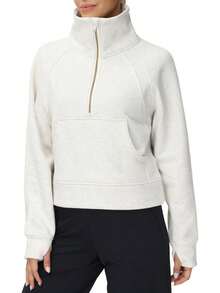 ¡RecomendadoSudadera con Media Cierre para Mujer, de Forro Polar, Cuello Alto, con Bolsillos, Agujero para el Pulgar¡Top de Temporada - Blanco sucio - Ver 2