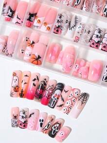 Halloween Nailas 288Pcs(12Mixed)Square Cute Ghost Faces, Ghosts, Pumpkins, Spider Webs, Hearts, Blood Drops And Bats Pattern Design French Tip Press On Nails Fit Perfectly Design Acrylic False Nails Set, Include: 4Pcs Jelly Glue And 2Pcs Nail File, Halloween Nails For Ladies For For Woman &Girl Halloween Use Nail Supplies Nails - View 3