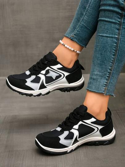 Plus Size Women's White Sneakers, Fashion Casual Lace-Up Flat Shoes, Versatile For School, Student, Leisure Sports