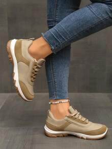 女士休闲运动鞋，软底，网眼拼接，透气防滑材质，适合日常穿着和通勤，四季皆宜 - 卡其色 - 查看 4