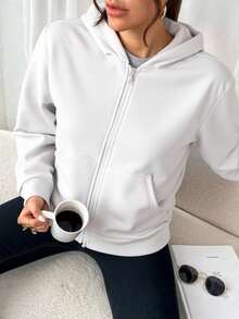 Sudadera de Mujer con Capucha y Cierre Frontal Cómoda y Calientita - Blanco - Ver 2