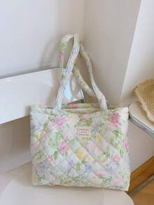 1 PC Printed Floral Patchwork Women Elegant Casual Quilted Shoulder Tote Bag Portable Large Capacity Shopping Bag Mommy Bag, For Office Commuting Travel And Vacation Essentials Cosmetics Makeup Toiletry Storage Bag, For Mobile Phone, Wallet, Sanitary Napkins, Keys, Laptop Computer, Wired Earphones, Earpods, Headphones, Charger, Lipsticks, Perfume, Skin Care And Beauty Products, Friend Gift Holiday Gift, Gifts For Women, Christmas Gifts, Gift Ideas For Women