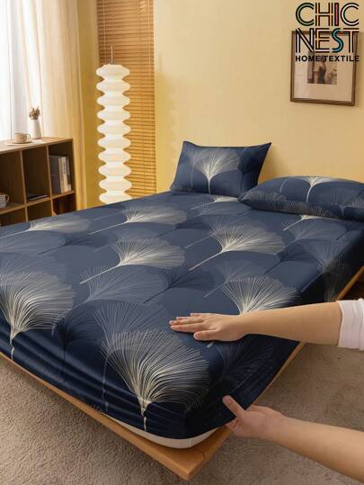 2/3pcs Navy Blue Ginkgo Leaf Fitted Sheet Set (1Pc Fitted Sheet+1/2pcs Pillowcases), Mattress Protector, Mattress Cover For Bed, Bed Sheet Set, Soft And Breathable, For All Size Bed -Twin, Full, King, Queen Size Sheet Deep Pocket Up To 11.8 Inch Home Textile
