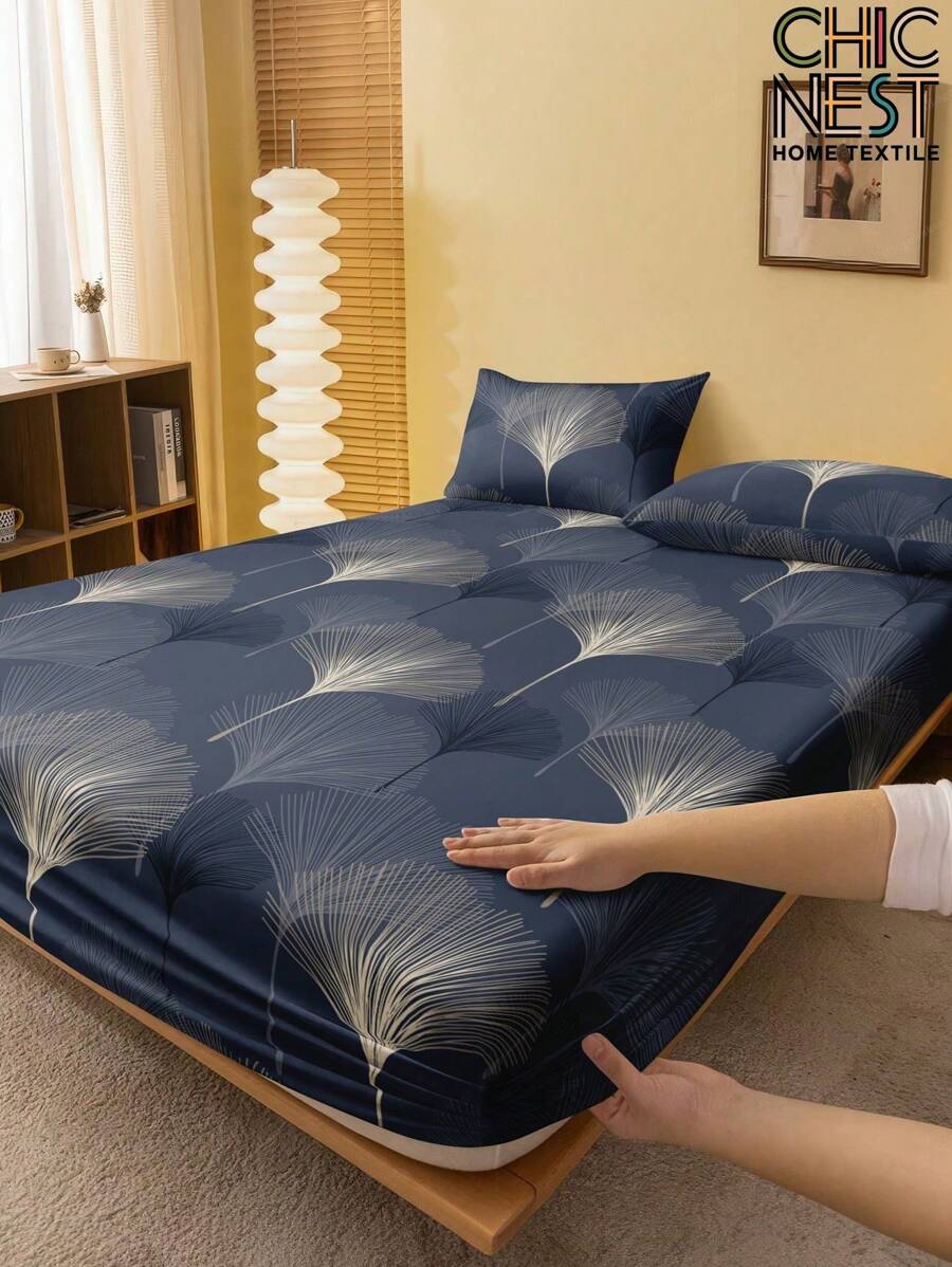 2/3pcs Navy Blue Ginkgo Leaf Fitted Sheet Set (1Pc Fitted Sheet+1/2pcs Pillowcases), Mattress Protector, Mattress Cover For Bed, Bed Sheet Set, Soft And Breathable, For All Size Bed -Twin, Full, King, Queen Size Sheet Deep Pocket Up To 11.8 Inch Home Textile
