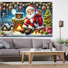 Tapiz de poliéster con diseño de Papá Noel en la chimenea - Decoración navideña clásica para el hogar, con acentos dorados, apto para fiestas interiores/exteriores y photocalls, lavable a máquina, perfecto para Navidad