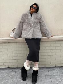 Seelio Autumn/Winter New Thick Faux Fur Collar Faux Fur Lined Mid-Length Fashionable Fur Coat