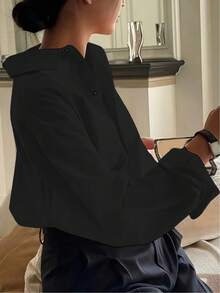 Plus Size Women's Casual Everyday Simple Versatile Commuting Solid Color Long Sleeve Shirt, Spring/Autumn - Black - View 4
