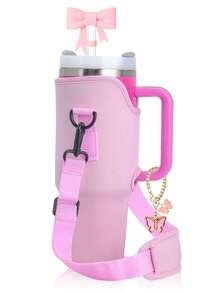 Water Bottle Carrier Bag With Handles Set,With 1 Bow Straw Hat And 1 Butterfly Bracelet, Bottle Bag With Adjustable Shoulder Strap,Compatible With Stanley 40oz 30oz Tumbler With Handle, Cup Accessories , Valentine's Day, Mother's Day, Birthday Gift, Back To School Supplies - Multicolor - View 17