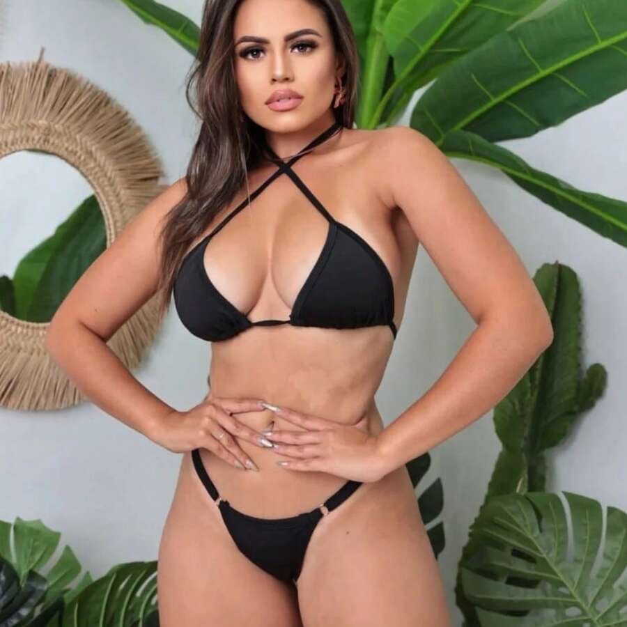 Conjunto Biquíni Fita Fio Dental Bicolor Feminino Com Regulagem Moda Verão - Preto - Visão 1