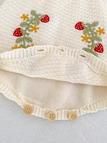 新款春秋季女婴针织背带连体衣，饰有甜美刺绣花卉图案 - 杏色 - 查看 5