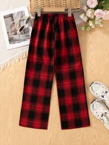 Girls' Casual Checkered Pattern Elastic Waist Pants, Suitable For Spring And Autumn - Red - View 2
