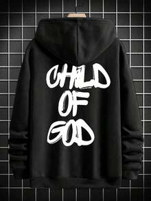 Men's Hooded Sweatshirt, "GHLD OF GOD" Text Print Design, Rugby Style, Made Of 280G Heavy Knit Fabric, Polyester-Cotton Material, Suitable For Sports And Home Outings, Unisex, Suitable For Festivals And Gifts, Machine Washable - 黑色 - 查看 2