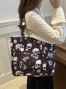 复古休闲骷髅图案涤纶手提包小号单肩包适合女性购物街万圣节礼物旅行和日常使用 - 紅色 - 查看 2