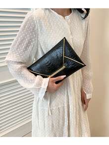 Họa tiết da cá sấu, Họa tiết đá, Tối giản, Thời trang, PU thường ngày, Túi cầm tay nữ màu trơn, Mua sắm hàng ngày, Hẹn hò, Quà tặng ngày lễ - màu đen - Xem 1