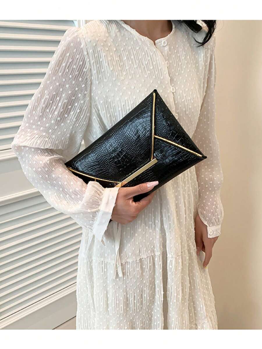 Họa tiết da cá sấu, Họa tiết đá, Tối giản, Thời trang, PU thường ngày, Túi cầm tay nữ màu trơn, Mua sắm hàng ngày, Hẹn hò, Quà tặng ngày lễ - màu đen - Xem 1