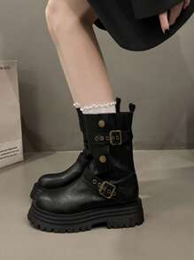 2025 New British Style Women's Boots, Retro Mid-Calf Boots, Thick Sole Black Short Boots, Suitable For Spring And Autumn