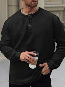 1pc Men's Henley Neck Waffle Knit T-Shirt, Waffle Fabric, Comfortable Casual, Henley Collar, Easy To Wear, Button Detail, Suitable For Daily Wear, Old Money Style - Black - View 9