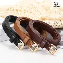 3 Pack Women Skinny Leather Belt For Jeans Pants Dress Ladies Thin Waist Belt With Gold Buckle-975806 - 黑色+咖啡色+棕色適合腰圍2731 - 查看 6