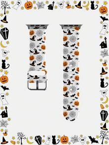1pc Black Hat & Pumpkin Soft Elastic Breathable Comfortable Wristband Replacement Watch Band Compatible With Samsung, Huawei, Garmin, Honor Smartwatches, Compatible With Apple Watch 38mm 40mm 41mm 45mm 44mm 42mm 49mm, Fashionable Casual Multi-Color Silicone Watch Compatible With Samsung, Huawei, Garmin, Honor Smartwatches - Silicone Surface With Pattern Compatible With Huawei Watch 3/Galaxy, GT2/GT3 And Any Watch With 20/22mm Lugs