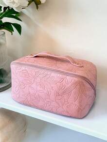 1 pieza Bolsa de cosméticos de PU con relieve de rosa, bolsa de cosméticos de lujo con relieve de caramelo, bolsa de cosméticos casual portátil, bolsa de cosméticos con cremallera de moda, bolsa de almacenamiento de cosméticos para viajes y vacaciones