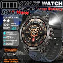 ساعة ذكية للرجال للرياضة الخارجية GZYR 2025 الجديدة، مزودة بضوء LED عالي الطاقة، شاشة لمس كاملة HD بحجم 1.85 بوصة (4.7 سم)، اتصال لاسلكي، بطارية طويلة الأمد 760 مللي أمبير، بوصلة، أكثر من 100 وضع رياضي، مقاومة للماء بمعيار IP68، مراقبة الصحة، متوافقة مع أندرويد وآي أو إس، هدية مثالية.