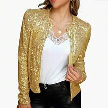 New European And American Women's Fashion Stand Collar Color Block Sequin Jacket Short Casual Versatile Small Jacket - black - 查看 6