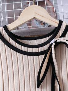 Girls Elegant Bow Collar Long Sleeve Dress, Suitable For Casual Daily Wear, Autumn - Apricot - View 4