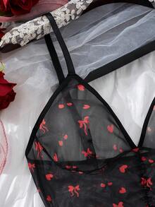 女士万圣节蝴蝶结樱桃爱心数码印花紧身吊带睡裙，细肩带，露背透视，夏季睡袍，网纱吊带迷你裙，性感内衣吊带裙，适合户外庆祝活动 - 黑色 - 查看 10