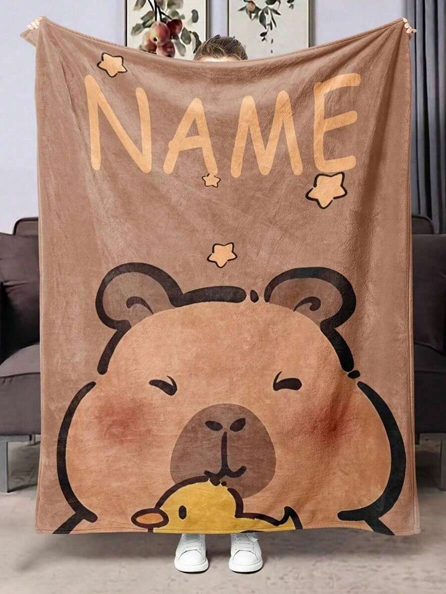 Cobertor de Flanela Personalizado de Capivara - Macio para Todas as Estações, Padrão Fofo de Capivara Marrom e Estrela Amarela, Lavável em Máquina, Presente para Amigos/Família, Decoração de Casa, Design Fofo de Animal, Têxtil Doméstico, Atmosfera Natalina em Casa, Respirável, Macio