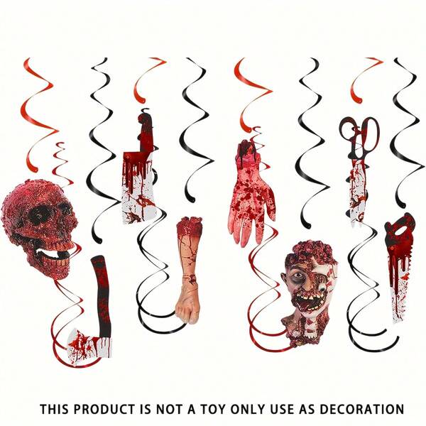 12pcs/Set Halloween Bloody Horror Indoor Outdoor Party Decor Wreath, Spine-Chilling Skull Zombie, Ghost House Swirl Streamers Banner, Window Fireplace Classroom Hanging Decorations